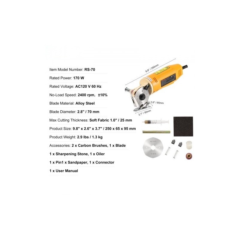 Sähköinen käsikäyttöinen kangasleikkuri 170 W 70 mm seosteräterä 25 mm leikkuupaksuus