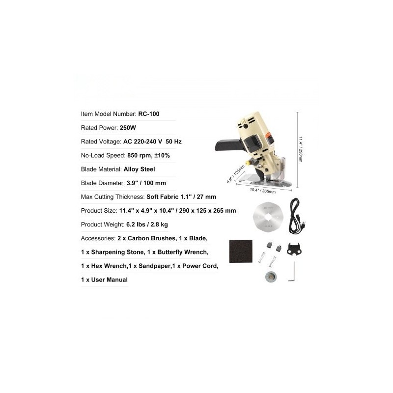 Sähköinen kangasleikkuri 250W kahdeksankulmainen 100 mm seosterä 27 mm leikkuupaksuus varaterä teroituskivet