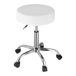 Pyörillä varustettu korkeussäädettävä jakkara keinonahkainen metallijalusta valkoinen