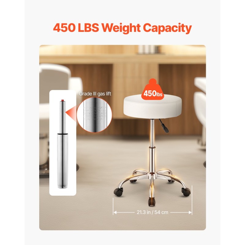 Pyörillä varustettu korkeussäädettävä jakkara keinonahkainen metallijalusta valkoinen