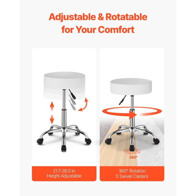 Pyörillä varustettu korkeussäädettävä jakkara keinonahkainen metallijalusta valkoinen