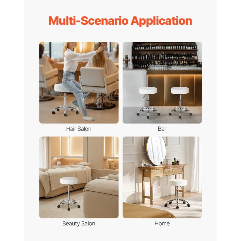 Pyörillä varustettu korkeussäädettävä jakkara keinonahkainen metallijalusta valkoinen