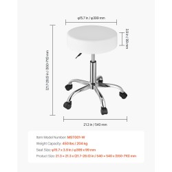 Pyörillä varustettu korkeussäädettävä jakkara keinonahkainen metallijalusta valkoinen