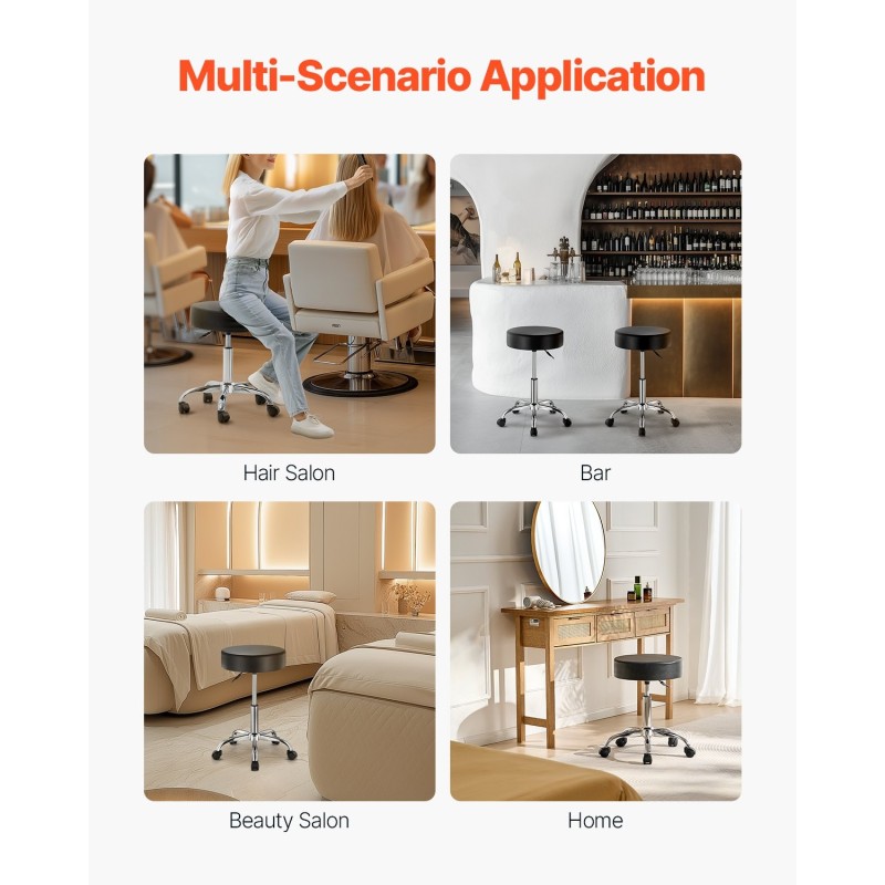 Pyörivä rullajakkara PU-nahkainen paksusti pehmustettu korkeussäädettävä 55-71 cm musta