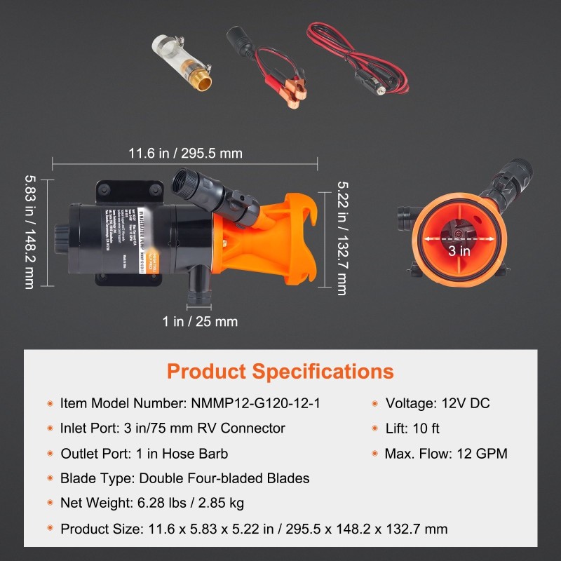 Siirrettävä 12 voltin silppupumppu matkailuautoihin 75 millimetrin sisääntulo 3 metrin nostokorkeus