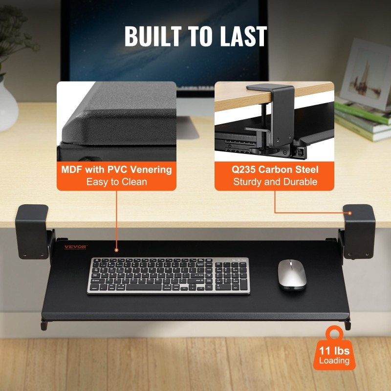 Näppäimistötaso alapöydälle ulos vedettävä C-puristikiinnitys MDF ja teräs 312 x 680 mm