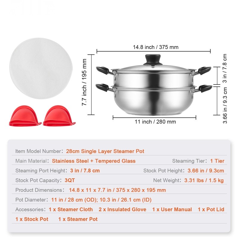 Höyrytyskattilasetti 28 cm ruostumattomasta teräksestä karkaistulla lasikannella