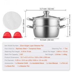 Höyrykattilasetti ruostumatonta terästä 22 cm 2,8 l pinottava karkaistu lasikansi