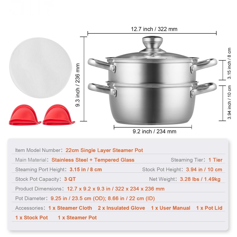 Höyrykattilasetti ruostumatonta terästä 22 cm 2,8 l pinottava karkaistu lasikansi