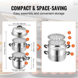 11-tuumainen 3-kerroksinen höyrytyspata 304-ruostumatonta terästä sisältää keittopadan ja kaksi höyrytysritilää