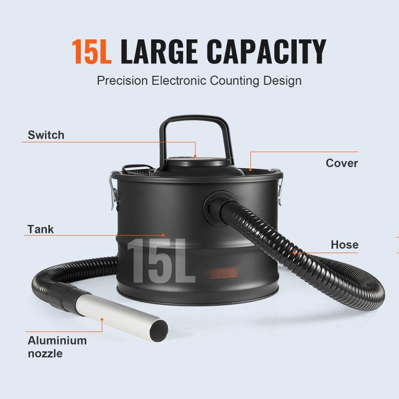 Tuhkimuri 15 litran 1200 watin HEPA-suodatin lämmönkestävä metalliletku alumiininen imuputki