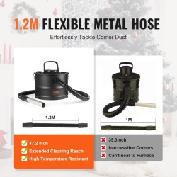 Tuhkimuri 15 litran 1200 watin HEPA-suodatin lämmönkestävä metalliletku alumiininen imuputki