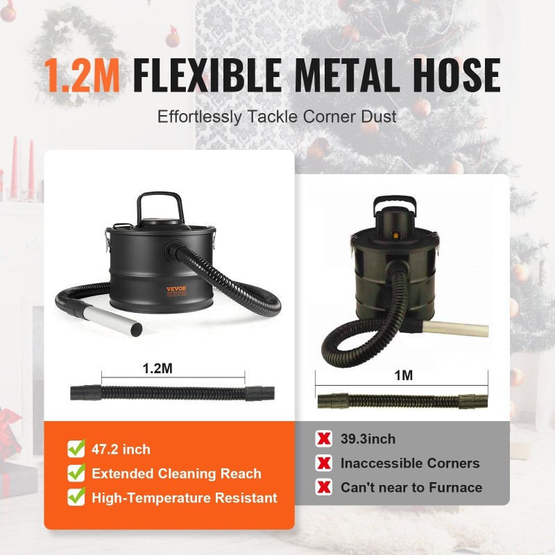 Tuhkimuri 15 litran 1200 watin HEPA-suodatin lämmönkestävä metalliletku alumiininen imuputki