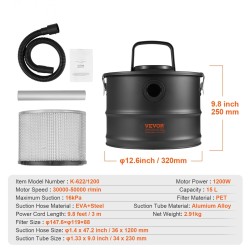 Tuhkimuri 15 litran 1200 watin HEPA-suodatin lämmönkestävä metalliletku alumiininen imuputki