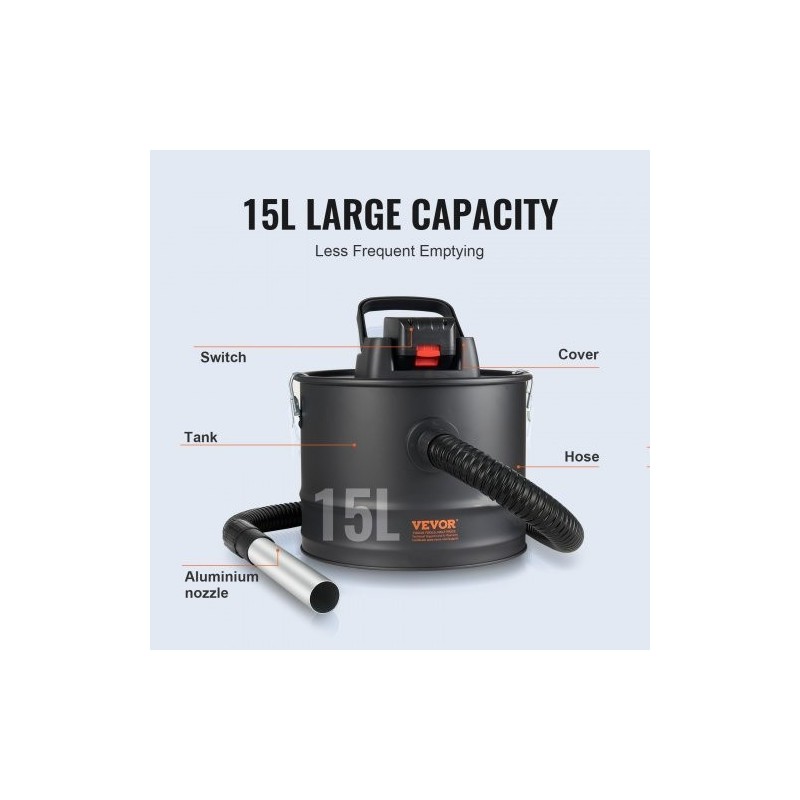 Sähköinen tuhkaimuri 15 l säiliö 10 kPa imuteho HEPA-suodatin lämpöä kestävä metalliletku