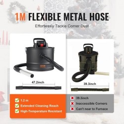 Sähköinen tuhkaimuri 15 l säiliö 10 kPa imuteho HEPA-suodatin lämpöä kestävä metalliletku