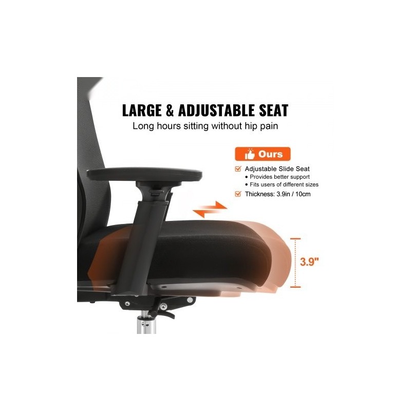 Ergonominen toimistotuoli liukuvalla istuimella verkkokankaalla säädettävällä niskatuella ja 35 mm lannerangan tuella