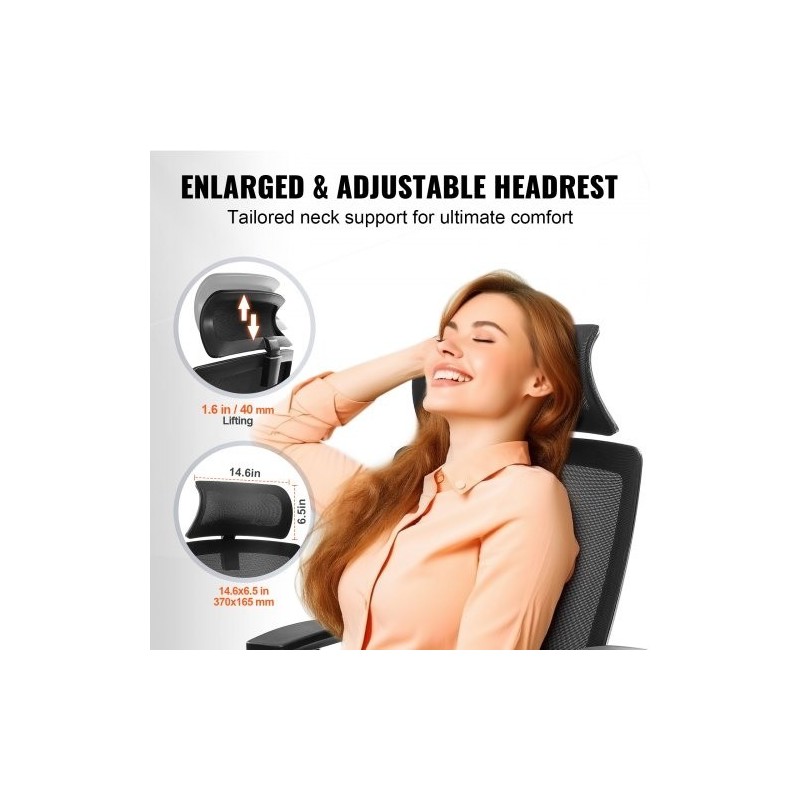 Ergonominen toimistotuoli liukuvalla istuimella verkkokankaalla säädettävällä niskatuella ja 35 mm lannerangan tuella