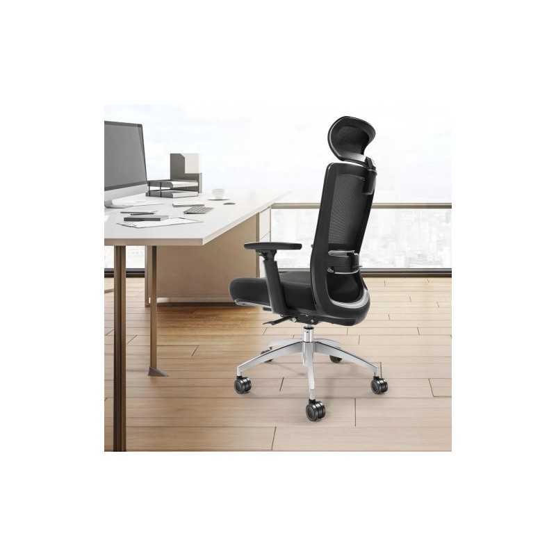 Ergonominen toimistotuoli liukuvalla istuimella verkkokankaalla säädettävällä niskatuella ja 35 mm lannerangan tuella