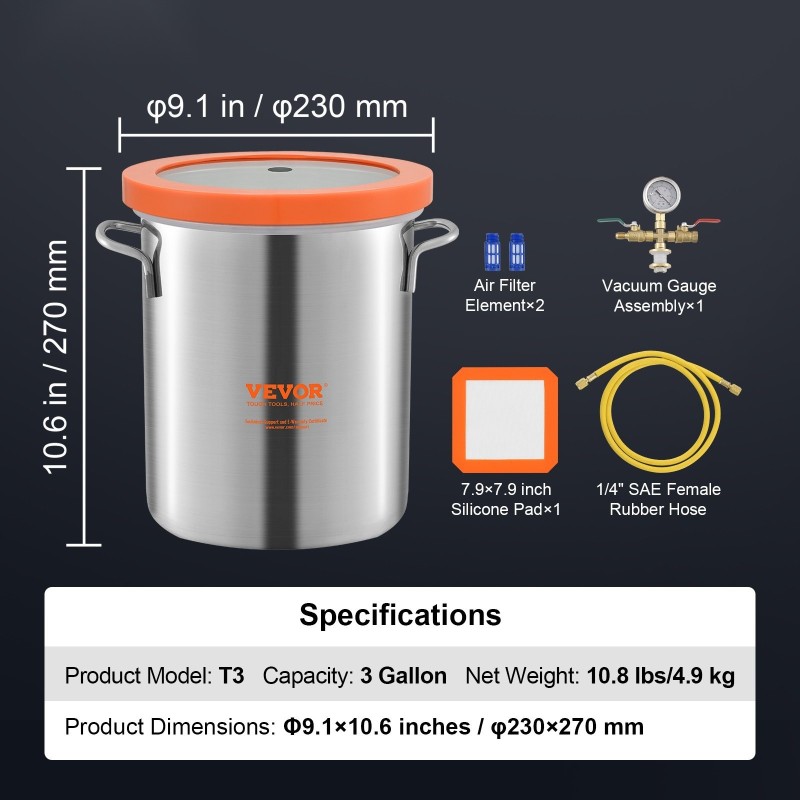 Tyhjiökammio 11,4 l 304 ruostumatonta terästä karkaistu lasikansi kumitiiviste silikoniset tiivistyskorkit kaasunpoistoon