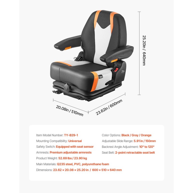 Trukin istuin Q235 teräsrunko PVC päällinen säädettävällä jousituksella ja turvavyöllä