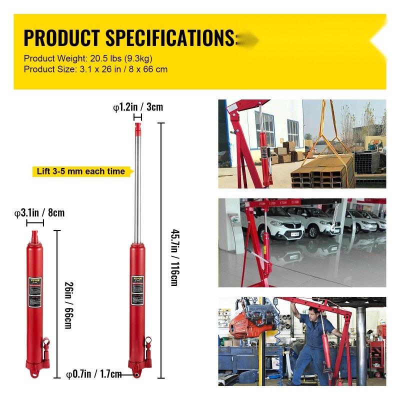 Hydraulinen pitkämäntäinen terästunkki 3 tonnia 66–116 cm nostoalue yksimäntäinen pumppu