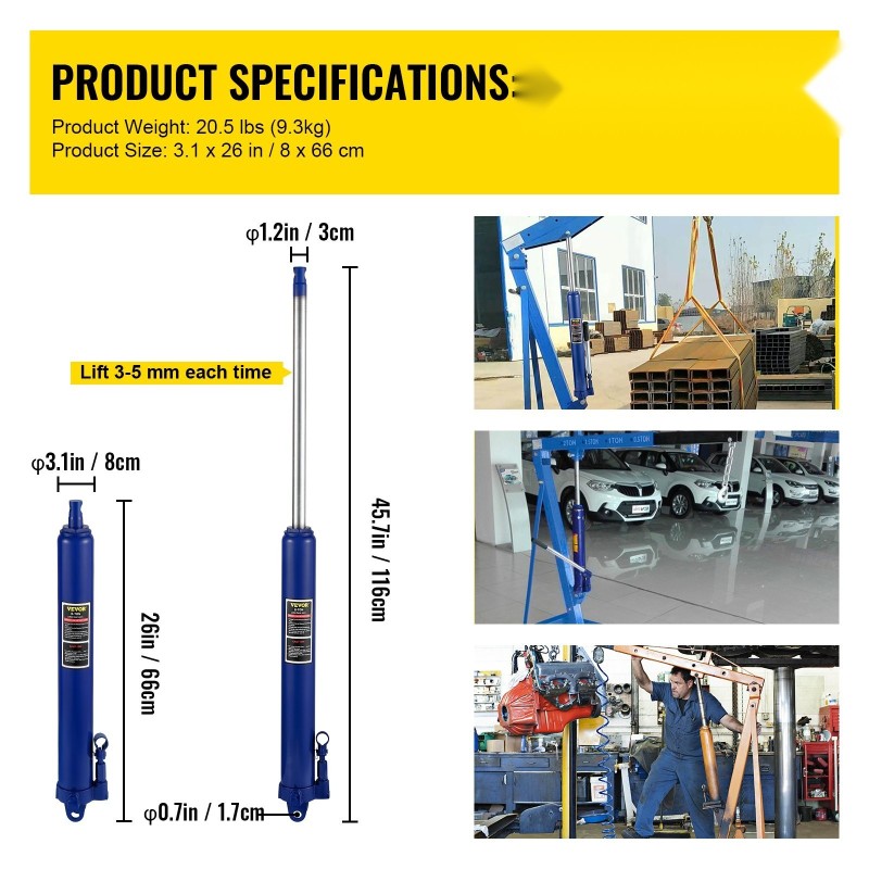 Hydraulinen pitkämäntäinen tunkki 8 tonnin nostokyky teräsrakenne yksimäntäinen pumppu 66–116 cm nostokorkeus
