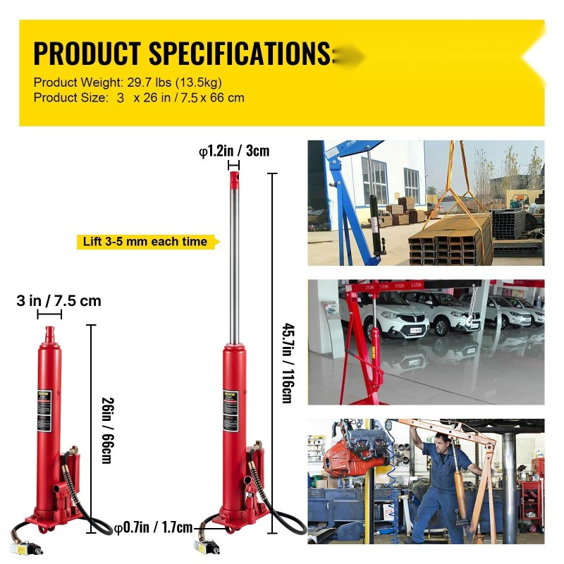 Hydraulinen ja pneumaattinen pitkämäntäinen terästunkki 8 tonnia nostokorkeus 66–116 cm kahvalla