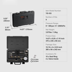 Puristuspaineen testaussetti bensiinimoottoreille kaksiasteikkoinen painemittari 0–300 psi 5 adapteria 25 tuuman letku