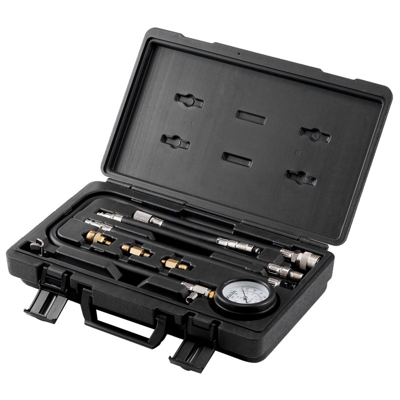 Puristuspaineen testaussetti bensiinimoottoreille kaksiasteikkoinen painemittari 0–300 psi 5 adapteria 25 tuuman letku