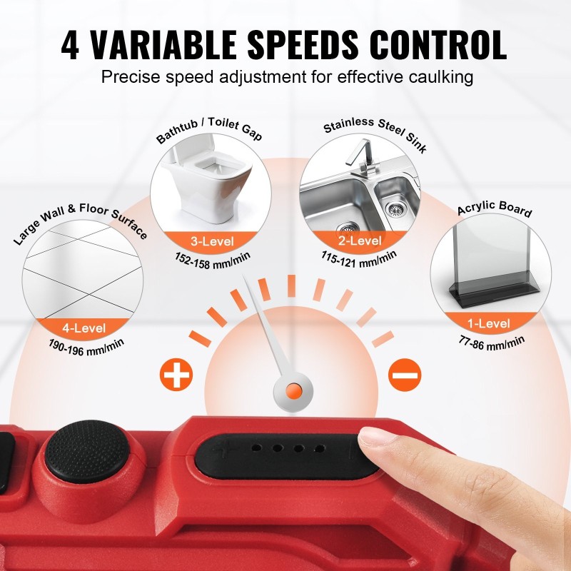 Akulla toimiva sähköinen saumauspistooli 300 ml 20V neliasteinen nopeussäätö