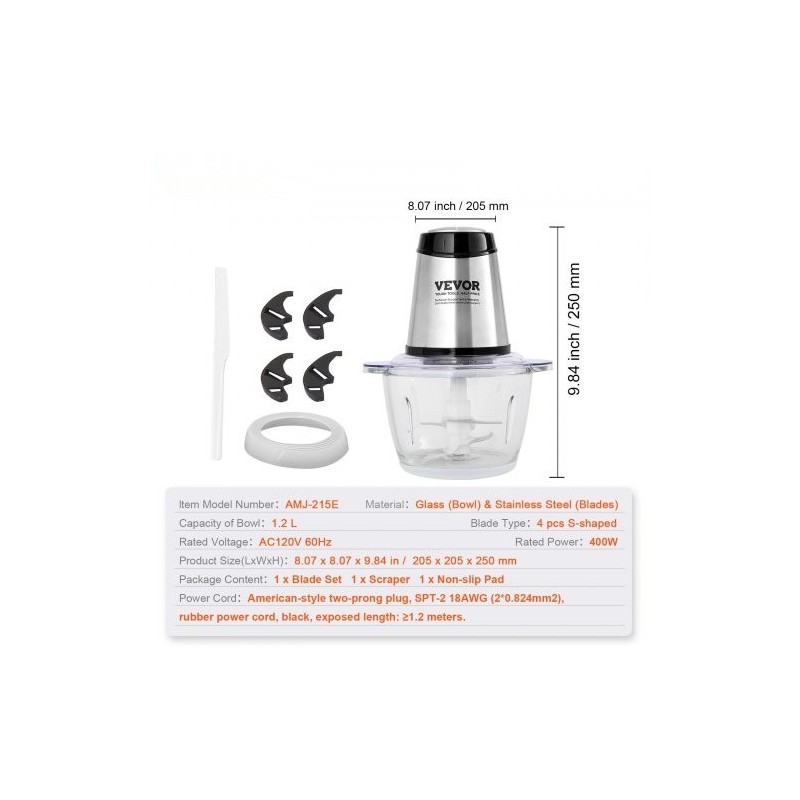 Sähköinen silppuri lasikulho 1,2 l 400 W kaksinopeuksinen nelisiipinen terä