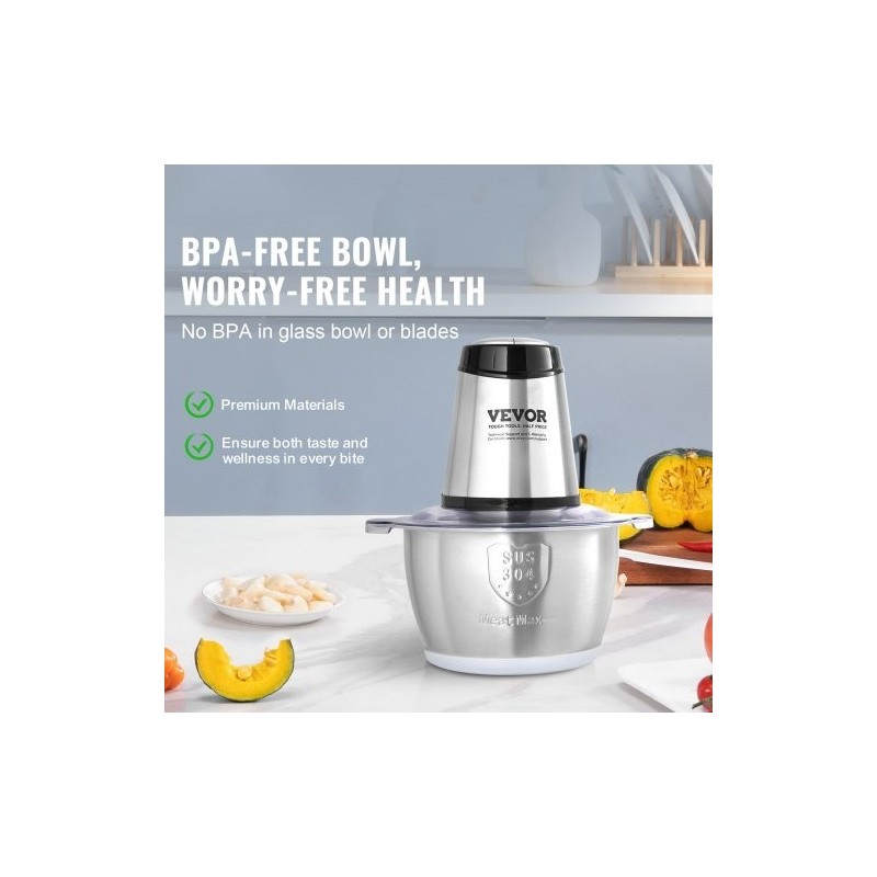 Sähkökäyttöinen monitoimihakkuri 2L ruostumattomasta teräksestä kulho 400W kaksinopeuksinen BPA-vapaa turvakytkin