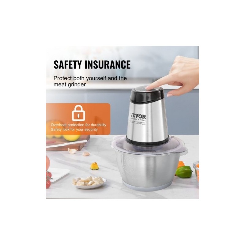 Sähkökäyttöinen monitoimihakkuri 2L ruostumattomasta teräksestä kulho 400W kaksinopeuksinen BPA-vapaa turvakytkin