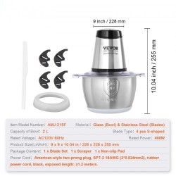 Sähkökäyttöinen monitoimihakkuri 2L ruostumattomasta teräksestä kulho 400W kaksinopeuksinen BPA-vapaa turvakytkin