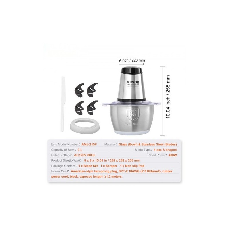 Sähkökäyttöinen monitoimihakkuri 2L ruostumattomasta teräksestä kulho 400W kaksinopeuksinen BPA-vapaa turvakytkin