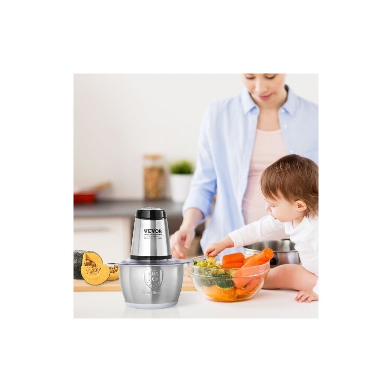 Sähkökäyttöinen monitoimihakkuri 2L ruostumattomasta teräksestä kulho 400W kaksinopeuksinen BPA-vapaa turvakytkin