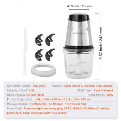 Sähköinen kaksinopeuksinen monitoimihakkuri 600 ml lasikulho 400 W ruostumattomat terät
