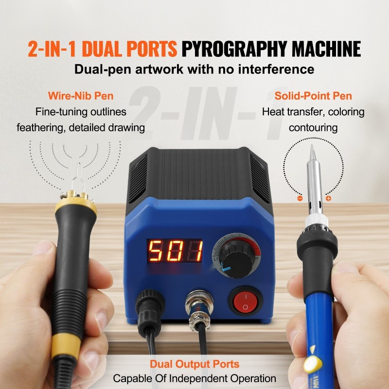 Puupolttosetti kaksi polttokynää kaksi lähtöporttia säädettävä 250–700°C digitaalinen näyttö 23 langankärkeä