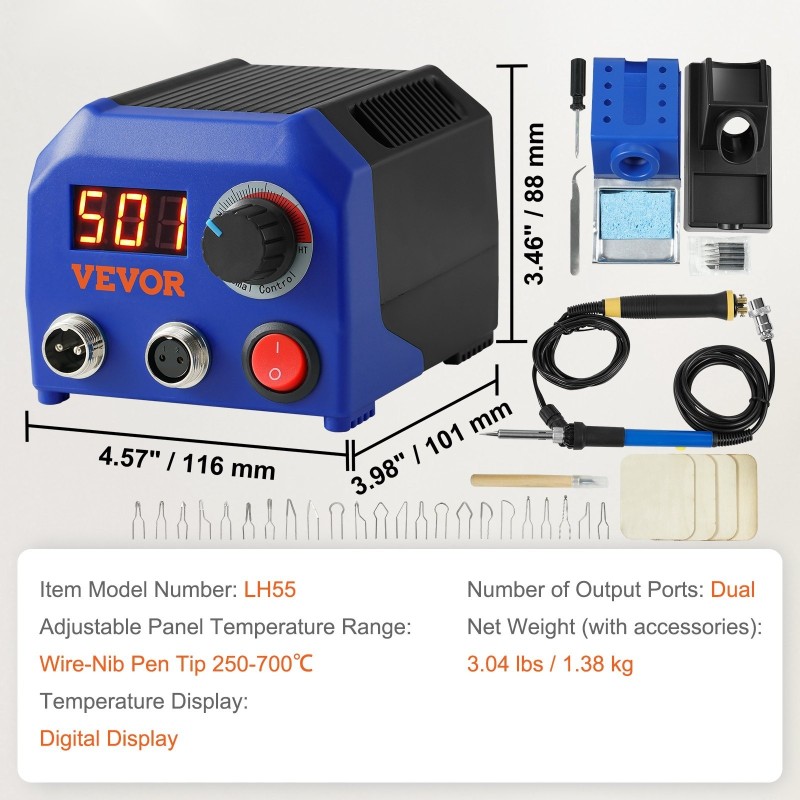 Puupolttosetti kaksi polttokynää kaksi lähtöporttia säädettävä 250–700°C digitaalinen näyttö 23 langankärkeä