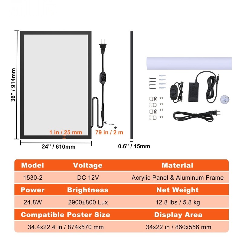 LED-julistekehys alumiinirunko akryylilevy 874x570 mm magneettikiinnitys seinäkiinnitys säädettävä kirkkaus