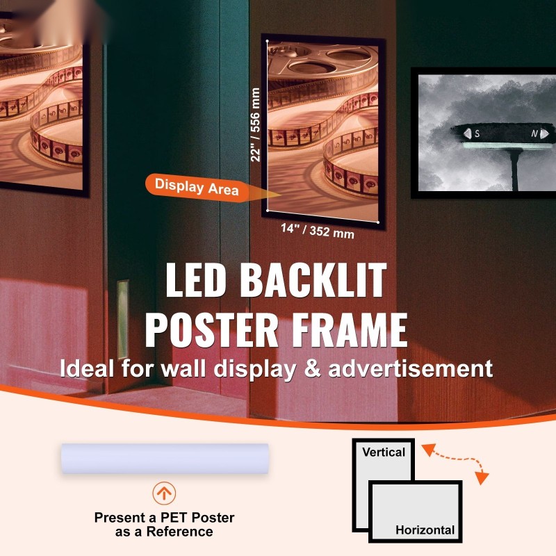 LED-taustavalaistu julisterunko alumiinirunko 570 x 366 mm pysty ja vaaka