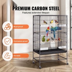 Hiiliteräksinen lintuhäkki 132 cm korkea 2–3 linnulle lukittavilla pyörillä