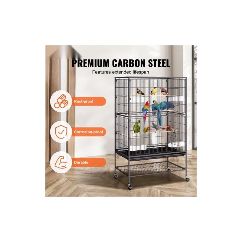 Hiiliteräksinen lintuhäkki 132 cm korkea 2–3 linnulle lukittavilla pyörillä