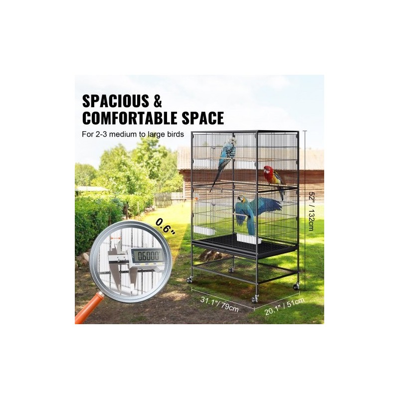 Hiiliteräksinen lintuhäkki 132 cm korkea 2–3 linnulle lukittavilla pyörillä