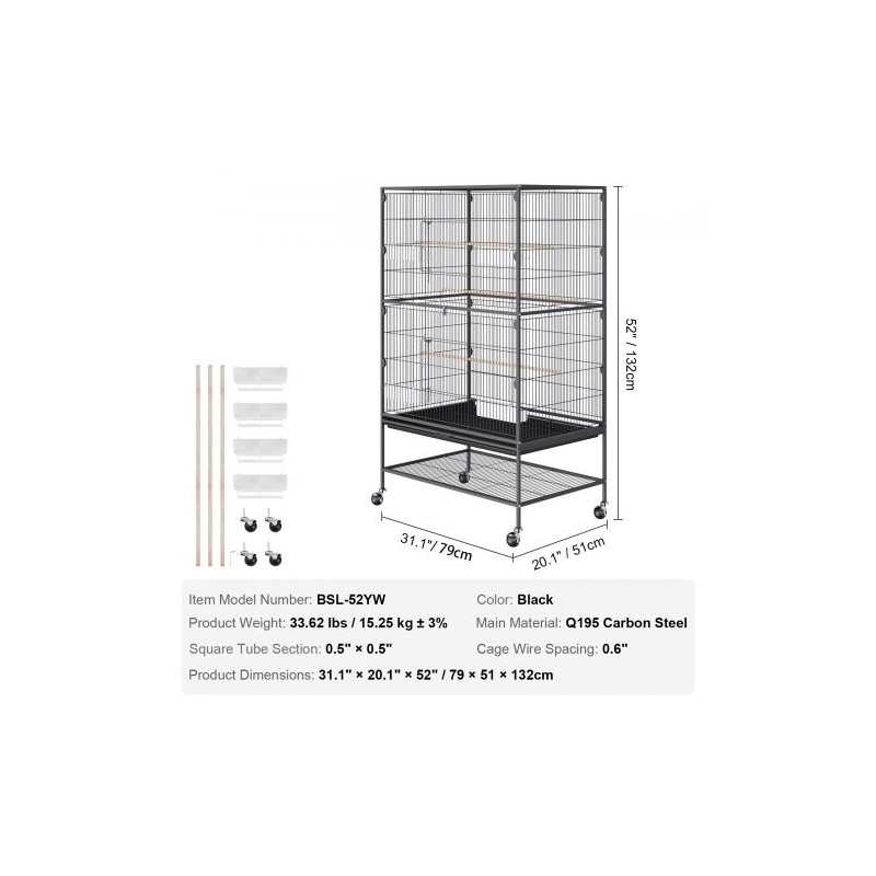 Hiiliteräksinen lintuhäkki 132 cm korkea 2–3 linnulle lukittavilla pyörillä