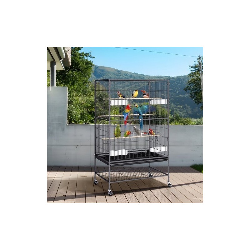Hiiliteräksinen lintuhäkki 132 cm korkea 2–3 linnulle lukittavilla pyörillä