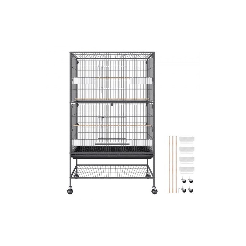 Hiiliteräksinen lintuhäkki 132 cm korkea 2–3 linnulle lukittavilla pyörillä