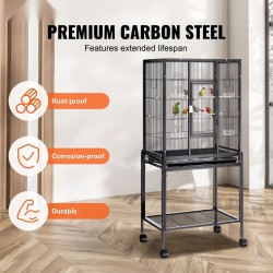 Lintuhäkki hiiliterästä tilava keskikokoisille ja suurille linnuille pyörällisellä jalustalla ja irrotettavalla tarjottimella