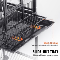 Lintuhäkki hiiliterästä tilava keskikokoisille ja suurille linnuille pyörällisellä jalustalla ja irrotettavalla tarjottimella